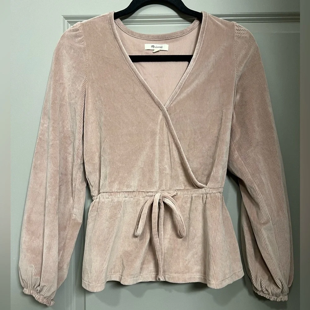 Madewell Corduroy Tie-Front Faux-Wrap Top Sz XS in Warm Sandstone - Picture 2 of 7